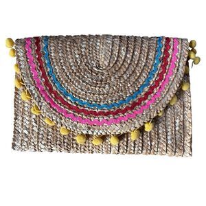 Shiraleah Chicago Straw ClutchBag Woven Raffia Pompom Colorful Summer Resort 11”
